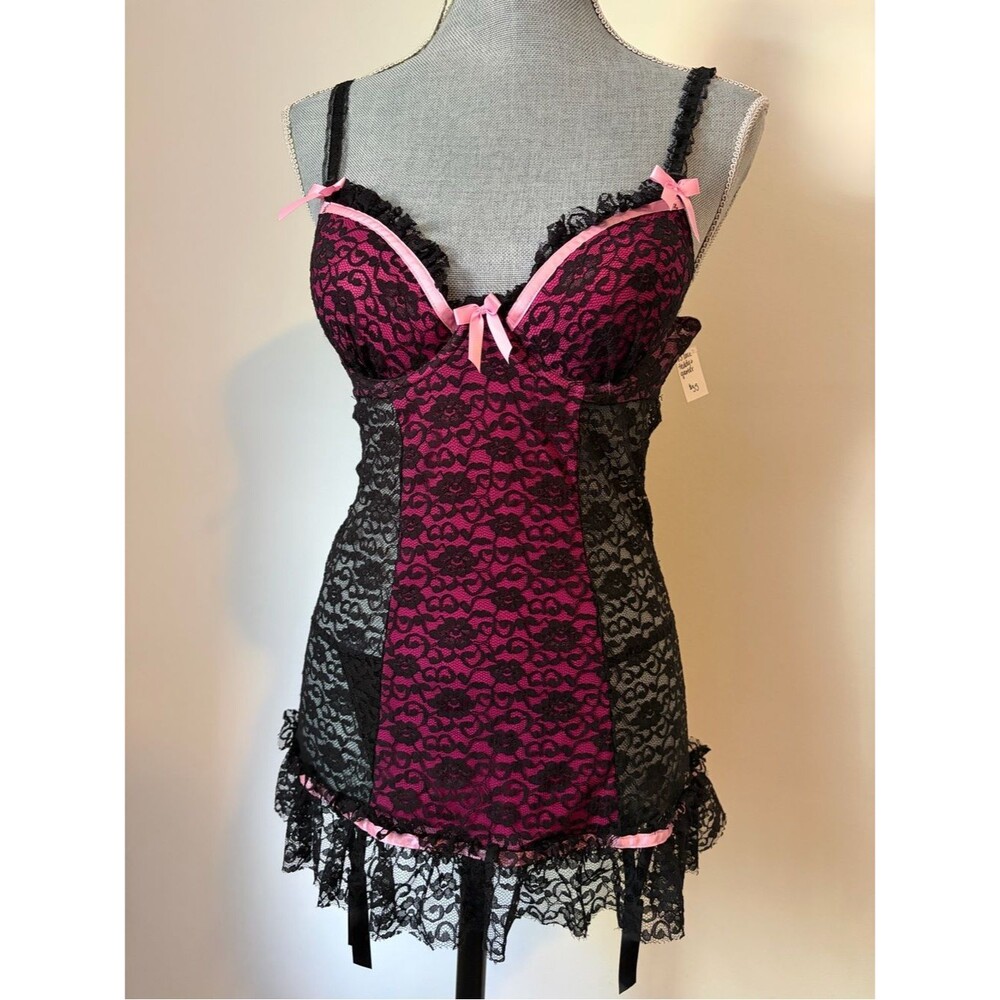 Victoria’s Secret Black & Pink Lace Panel Garter Teddy